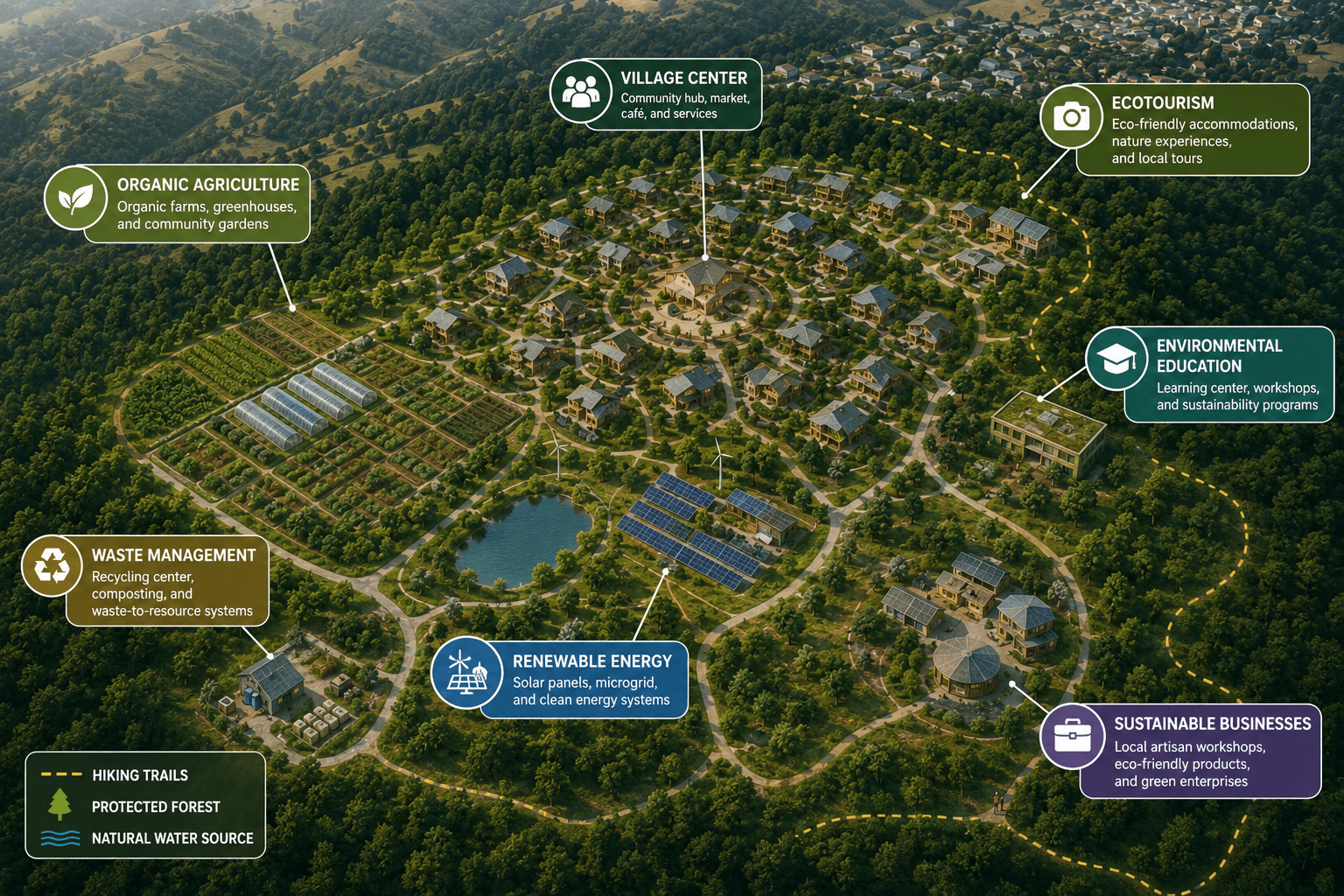 Eco Village Armenia masterplan with circular agriculture, renewable energy, water management and community systems